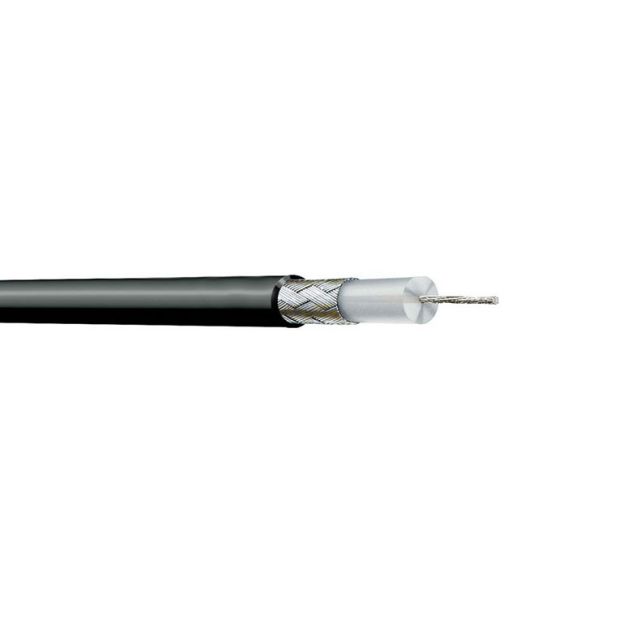 Cross-section of a coaxial cable with black sheath and metal shielding.