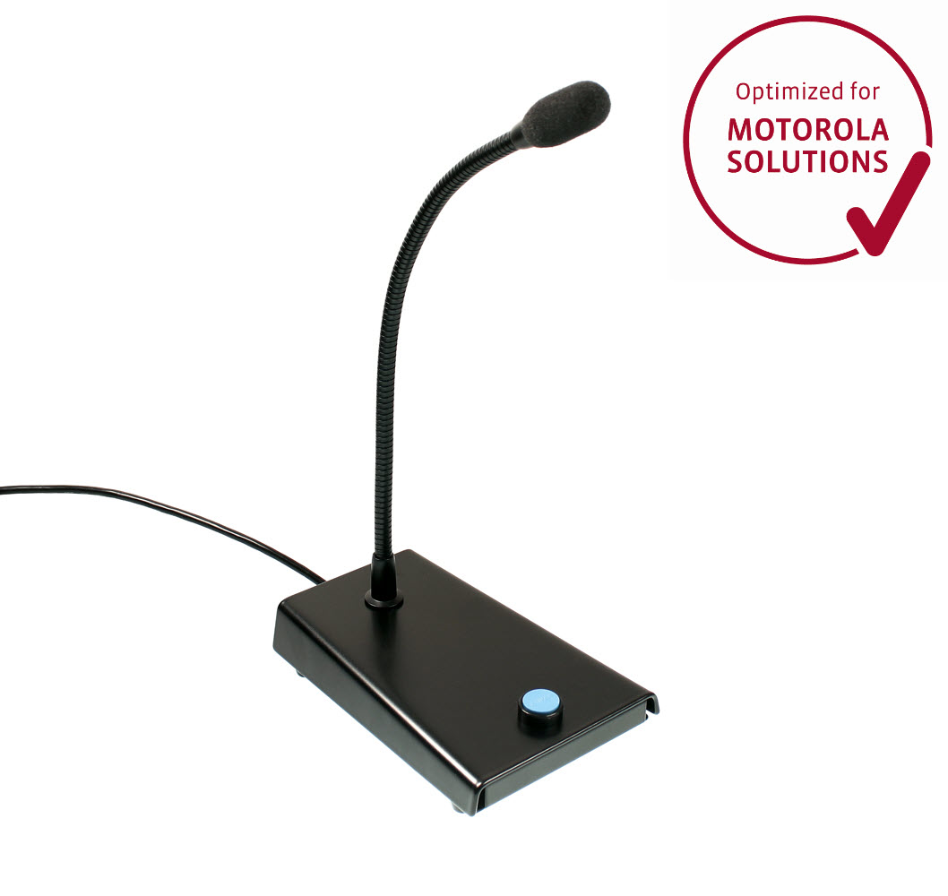 Black microphone with flexible neck and blue button, optimized for Motorola Solutions.
