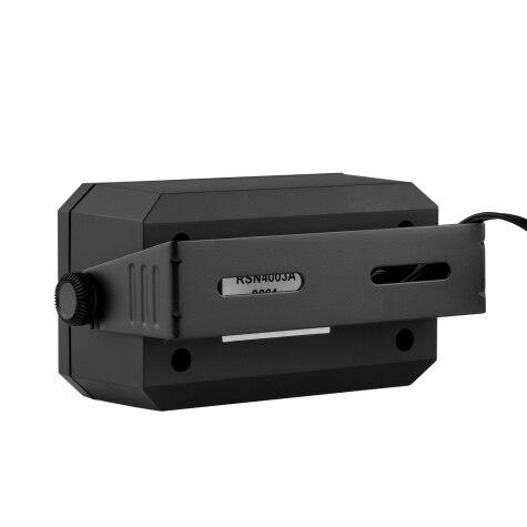 Appareil rectangulaire noir avec câble et support.