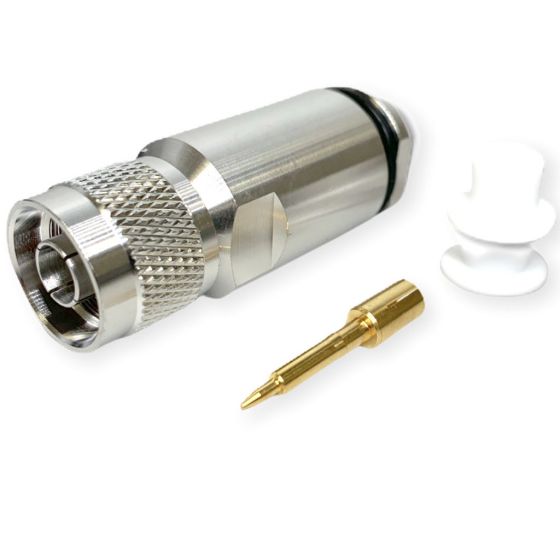 Metalen connector met gouden punt en witte kunststof onderdelen.