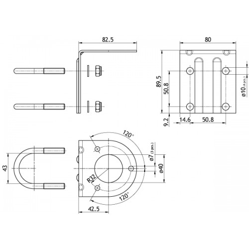Technische tekening van een beugel met afmetingen.