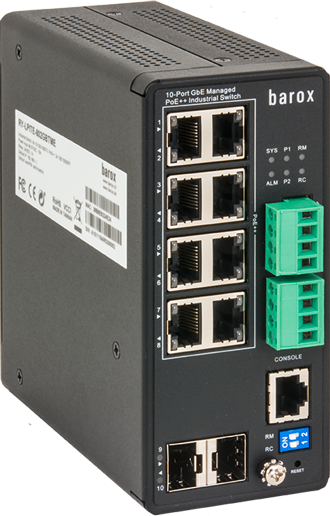 Commutateur industriel PoE à 10 ports avec ports Ethernet et bornes vertes.
