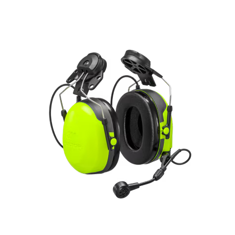 Green earmuff headphones with microphone and adjustable strap.
