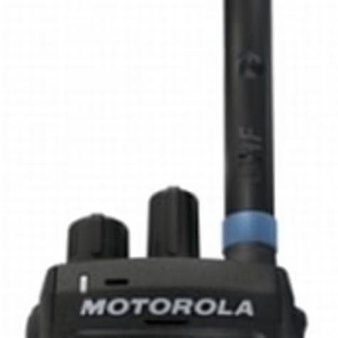 Handheld radio with antenna and two knobs.