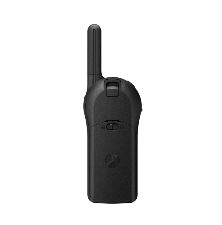 7000-00752245_mot_05.png Zwarte portofoon, achteraanzicht met antenne en schuifregelaar.