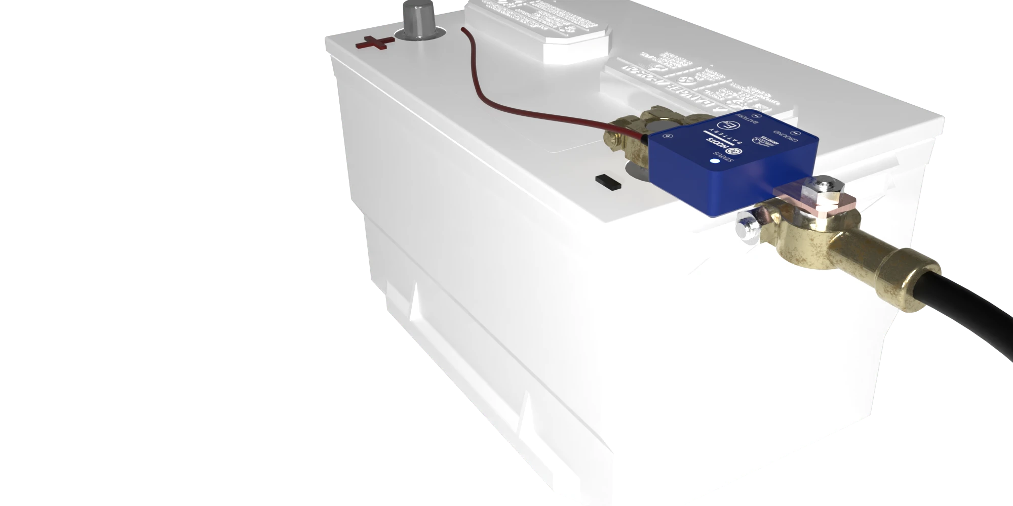 Witte autobatterij met blauwe en rode aansluitingen, zwart kabel aangesloten.