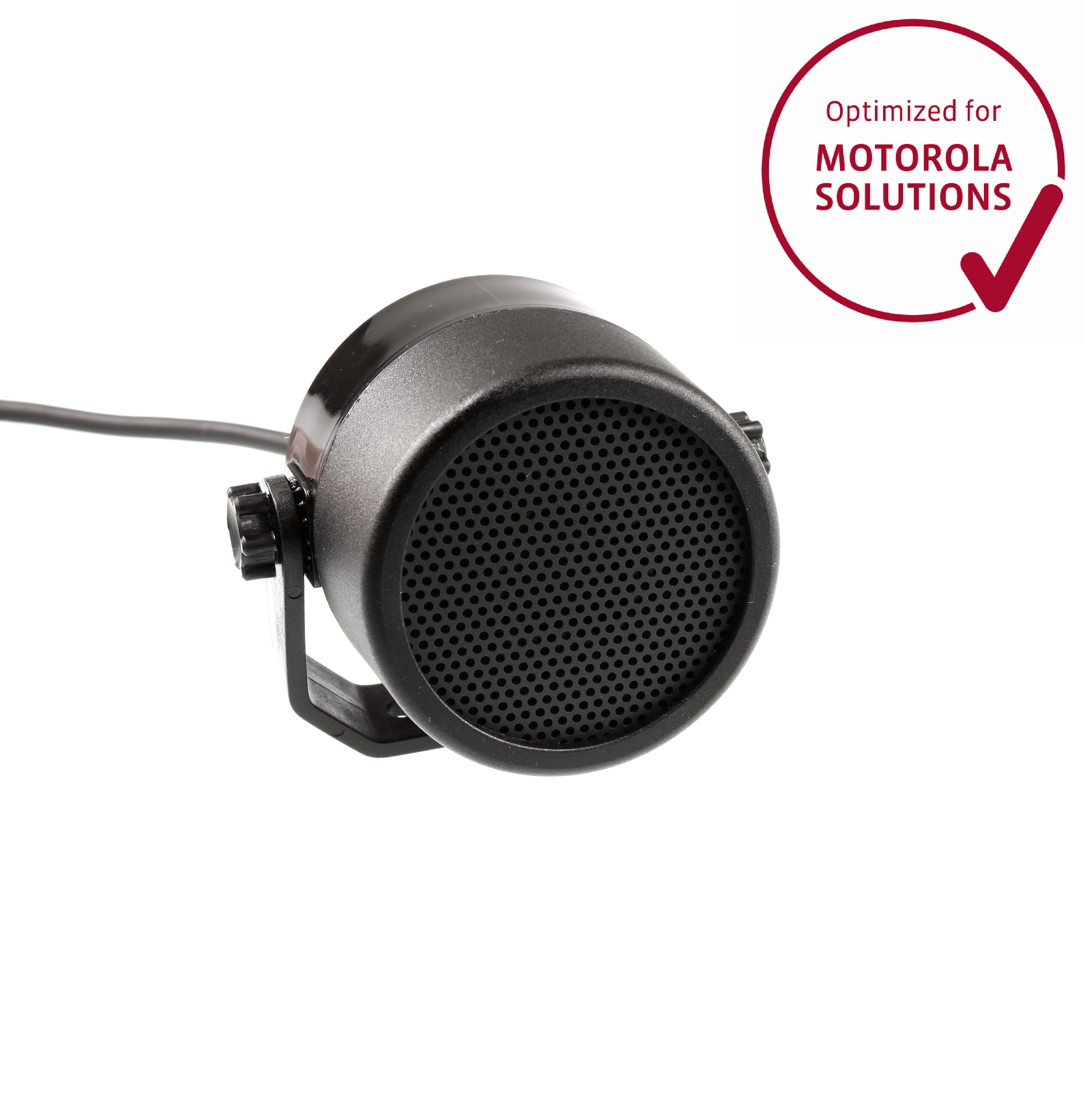 Compacte zwarte luidspreker met kabel en Motorola-optimalisatiestempel.