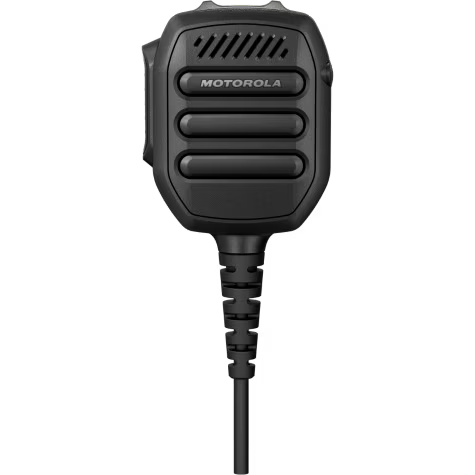 Black handheld microphone with Motorola logo and coiled cable.