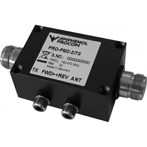 Zwart-grijze HF-vermogenmeter met twee coaxiale aansluitingen, label: 140-470 MHz.