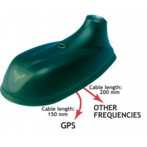 Antennebehuizing met twee kabels: GPS-kabel 150 mm, andere frequentie 200 mm.