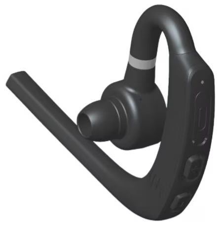 Zwart Bluetooth-headset met oorelhaak en knoppen.