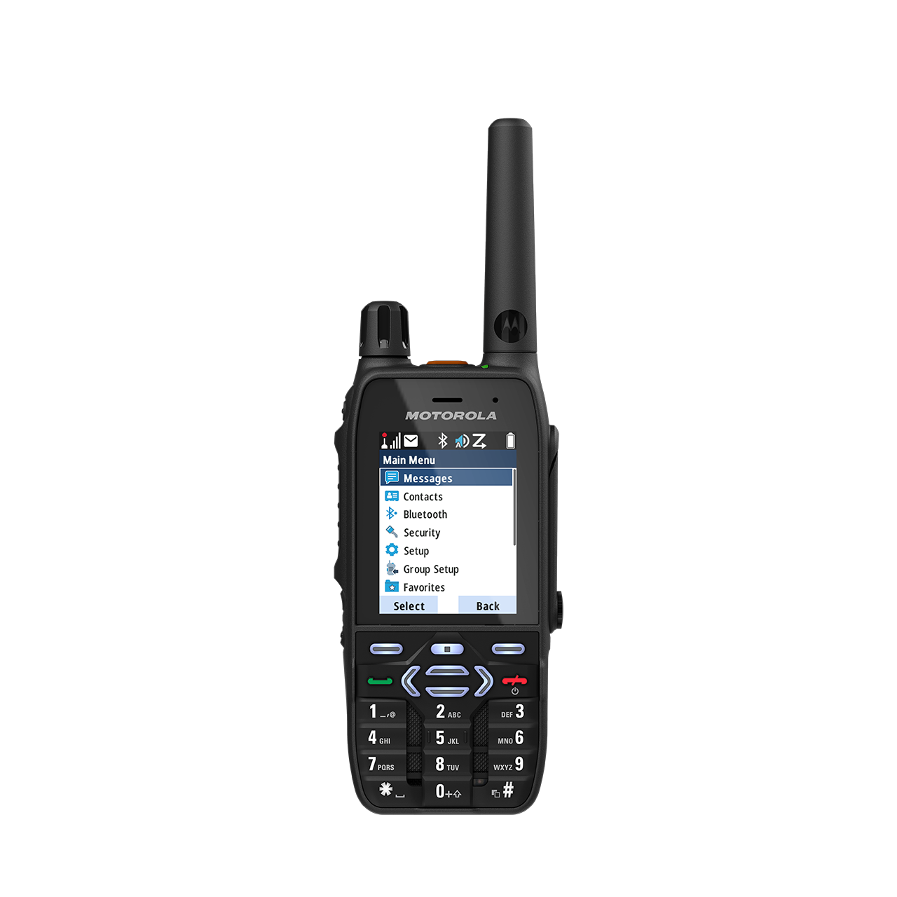 Radiotoestel met display waarop menu-opties zoals berichten, contacten, Bluetooth worden getoond.
