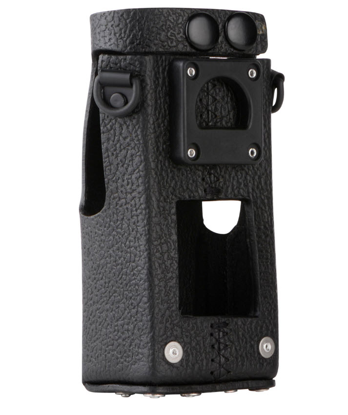 Black textured leather protective case with openings and buttons.