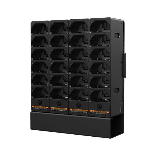 Étagère noire verticale avec 24 emplacements d'appareils en six rangées.