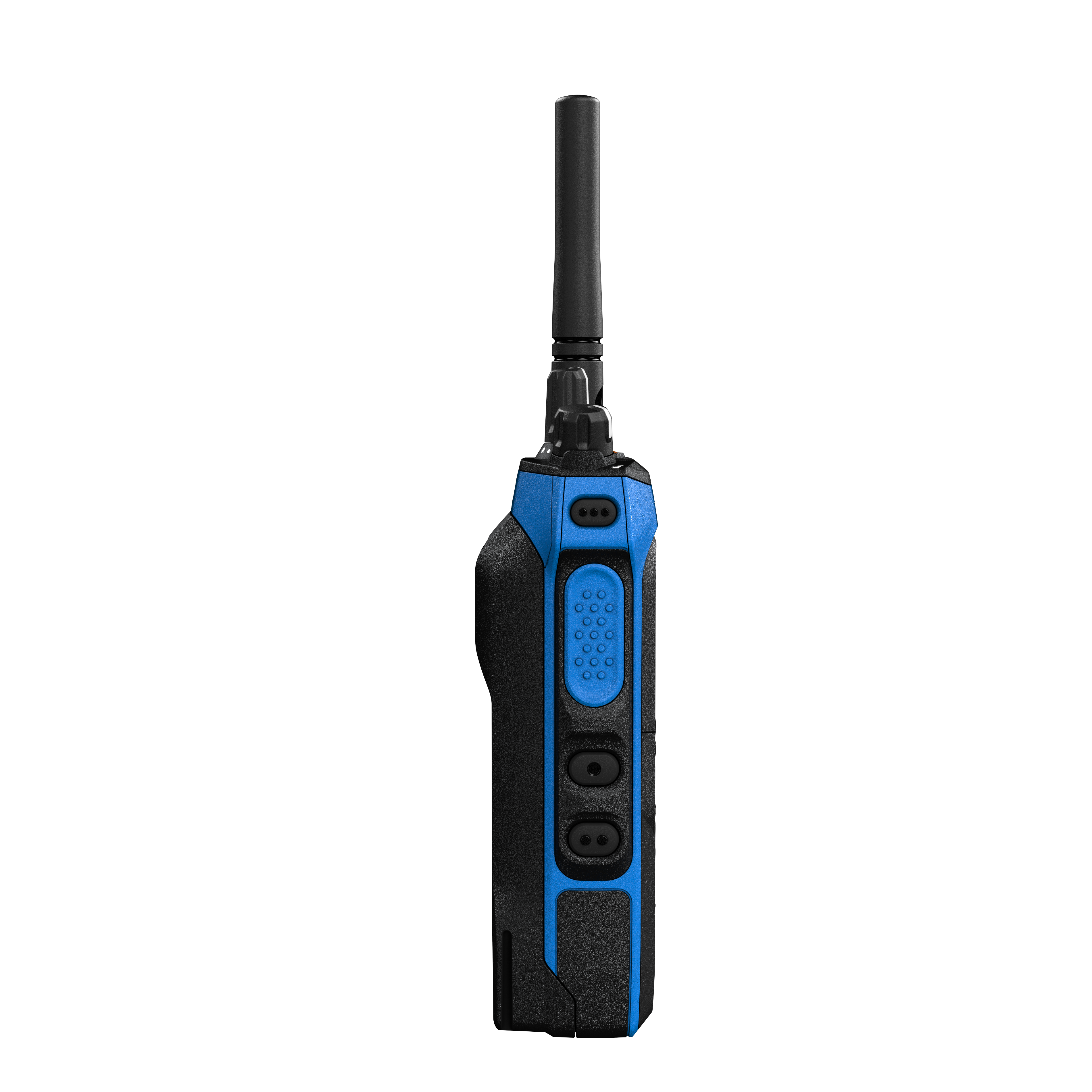 Walkietalkie met zwart en blauw omhulsel en antenne naar boven gericht.