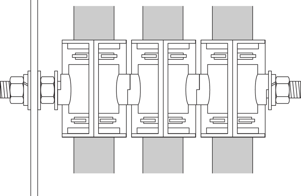 Technical drawing of a machine component with interlocking parts and bolts.