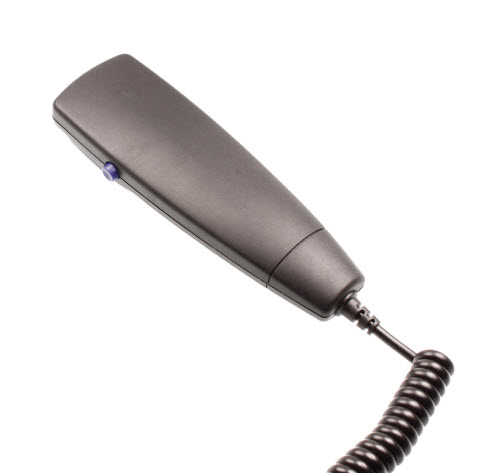 Grey telephone handset with coiled cord on white background.