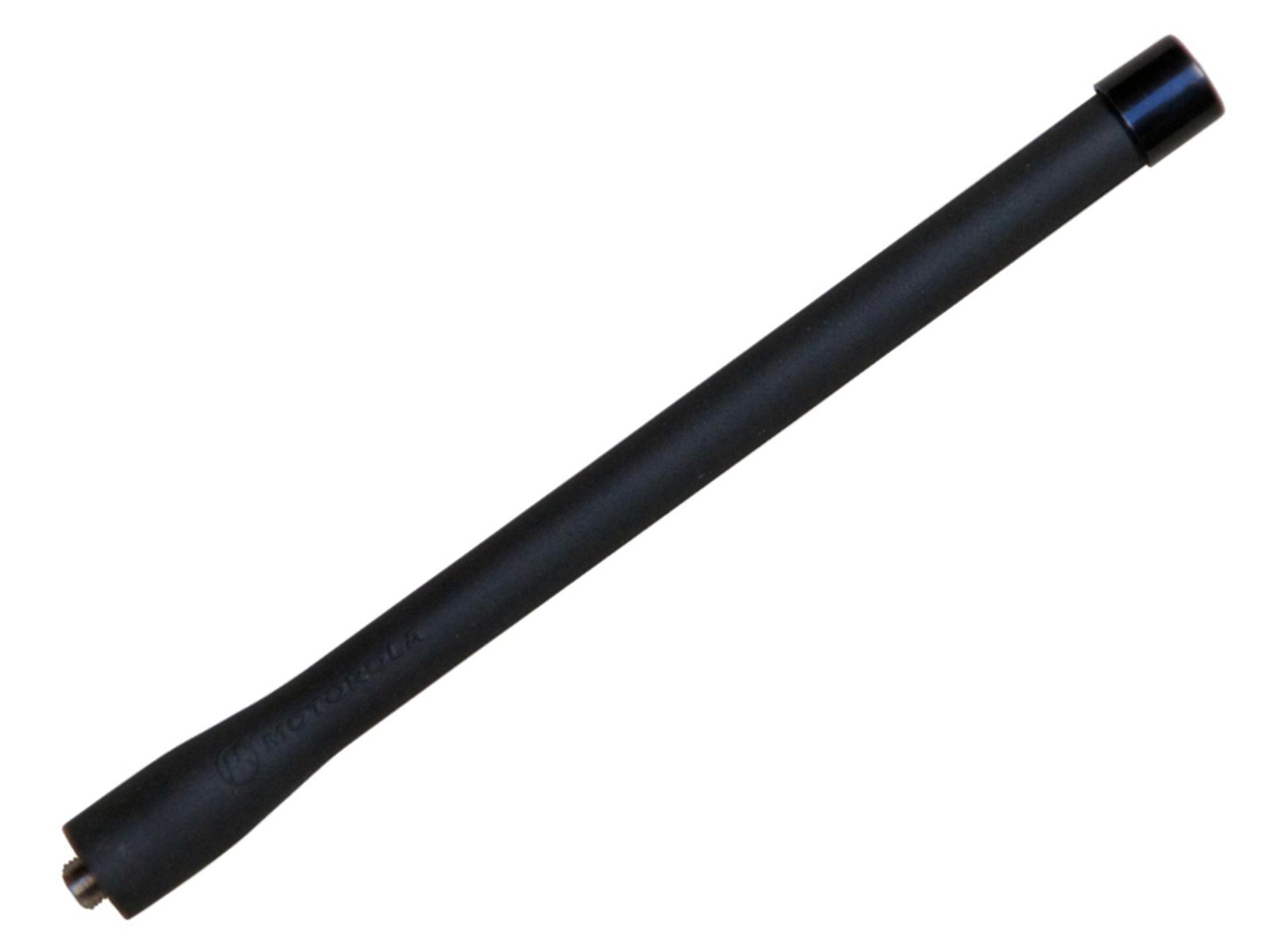 Antenne noire de forme cylindrique avec connecteur à une extrémité.