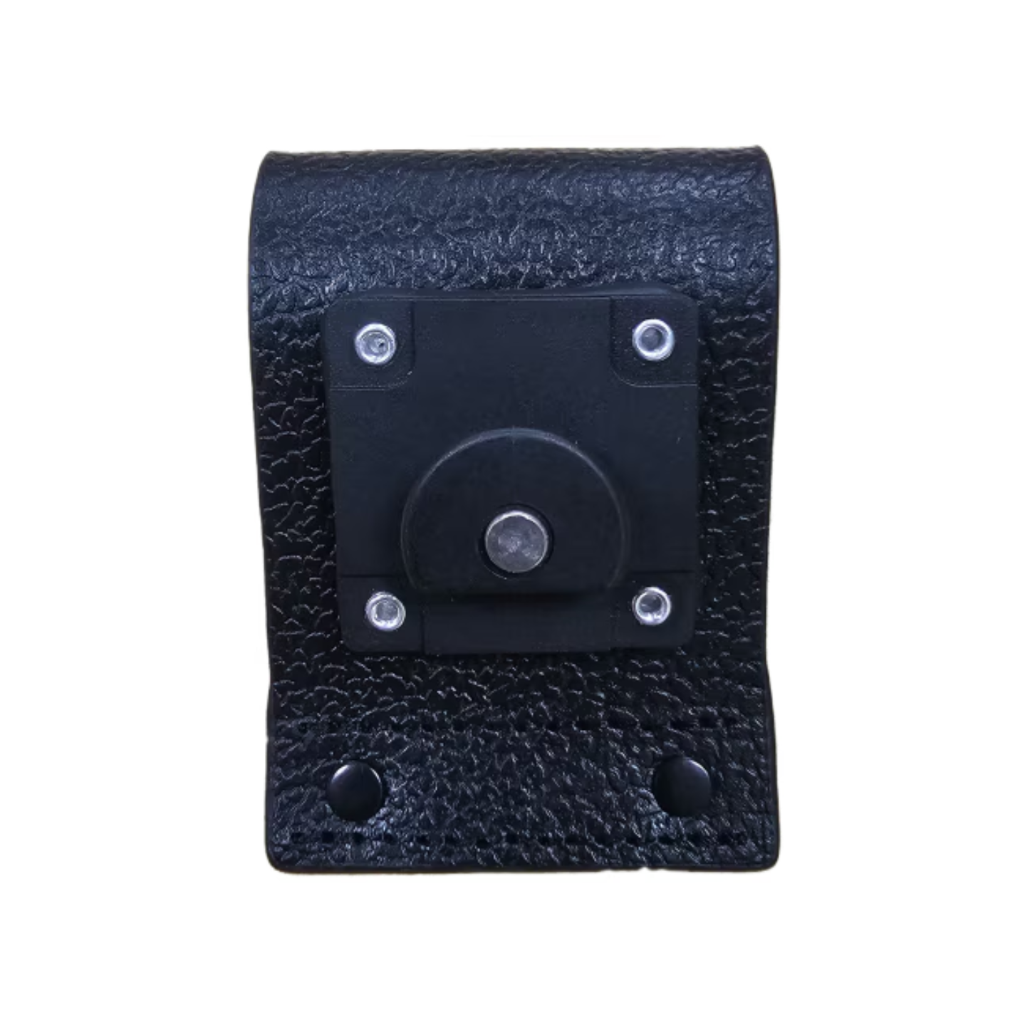 Support en cuir noir avec vis métalliques.