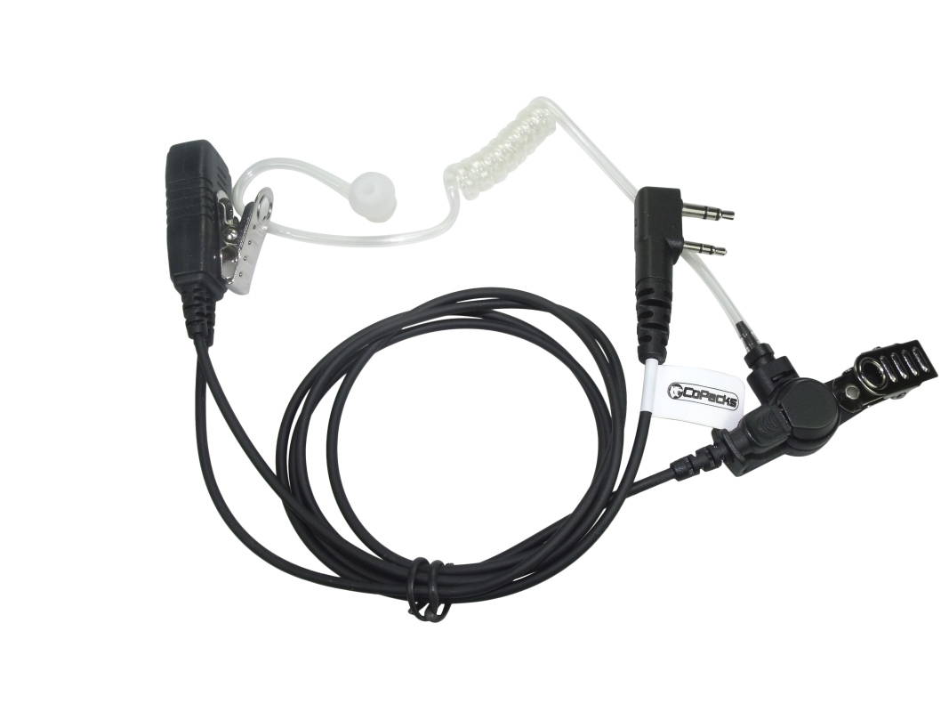 Earpiece with acoustic tube, microphone, and dual audio jacks.