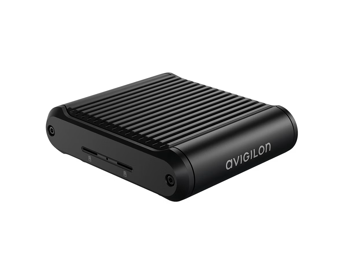 Black, ribbed network recorder with Avigilon logo.
