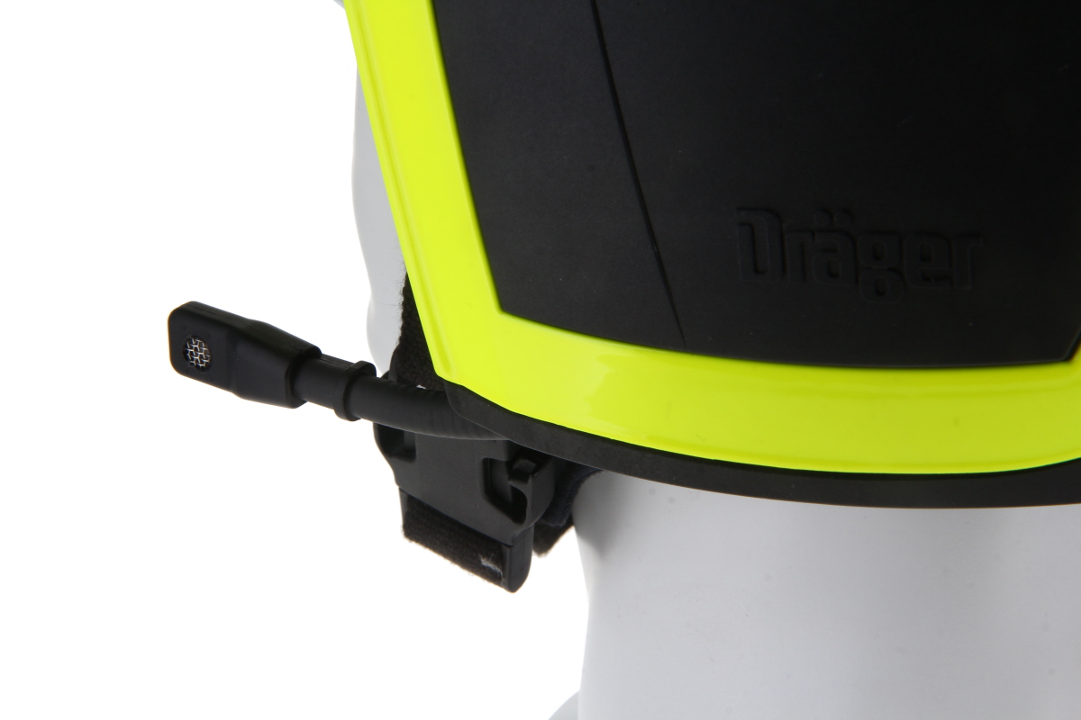 Close-up van een helm met microfoon.