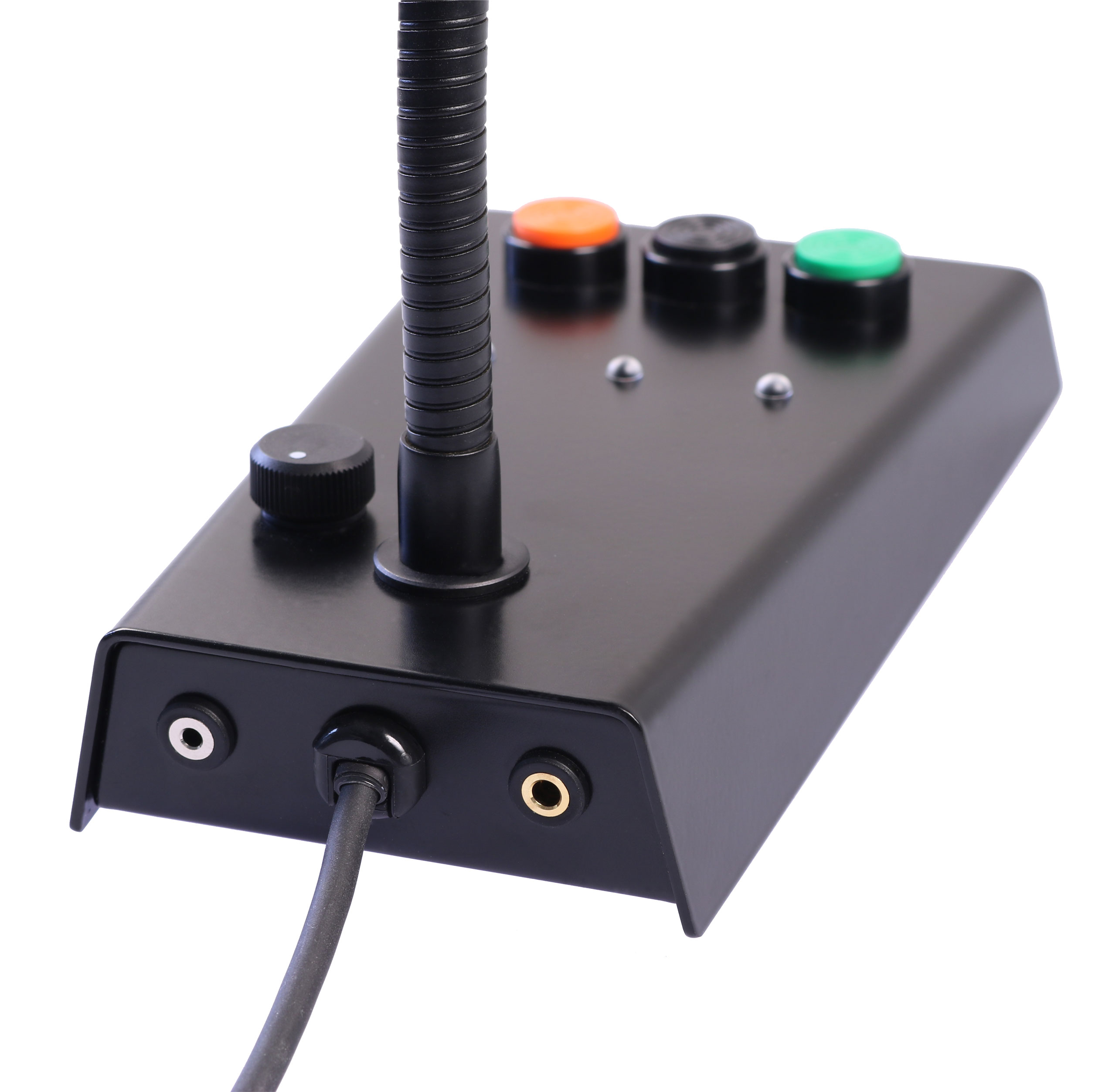 Black control unit with cable connection, knob, microphone arm, colored buttons and jacks.