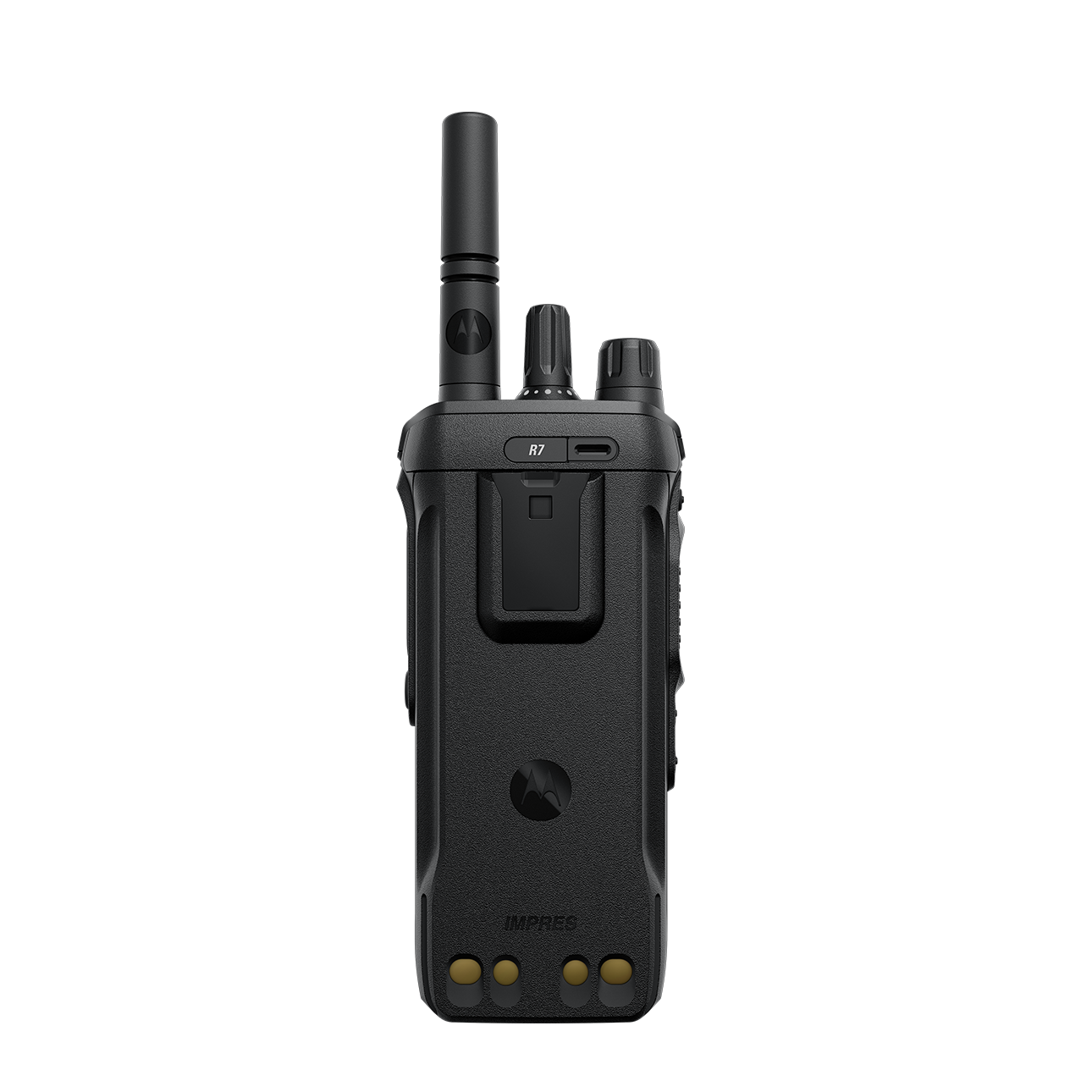 Handheld radio met antenne, twee knoppen en scherm.