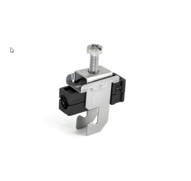 Metal bracket with screw and black plastic.