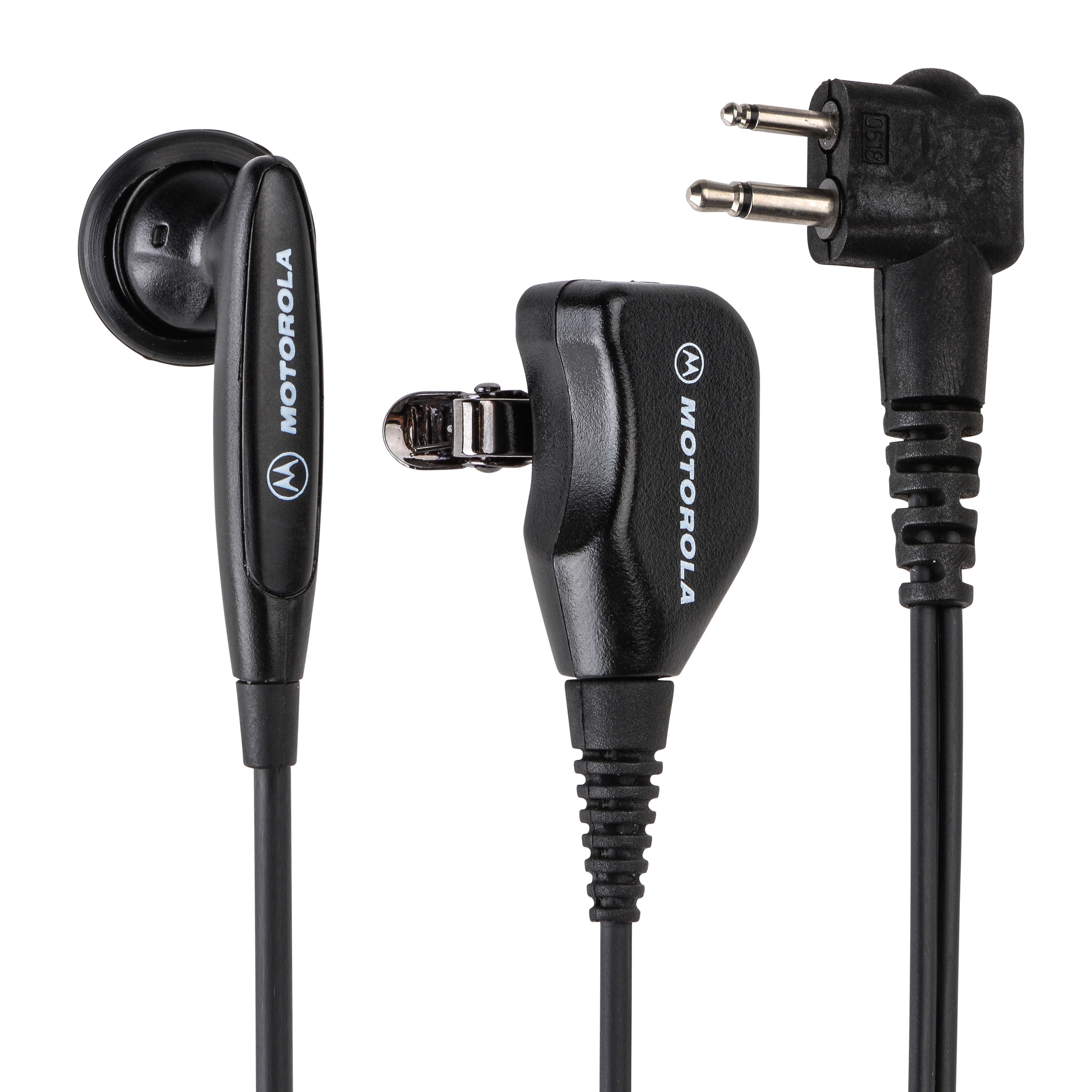 Casque Motorola noir avec écouteur, microphone et câble à deux broches.