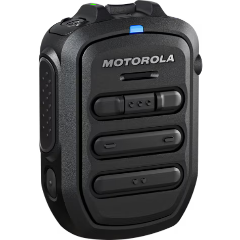 Black portable radio with three buttons and a blue light.
