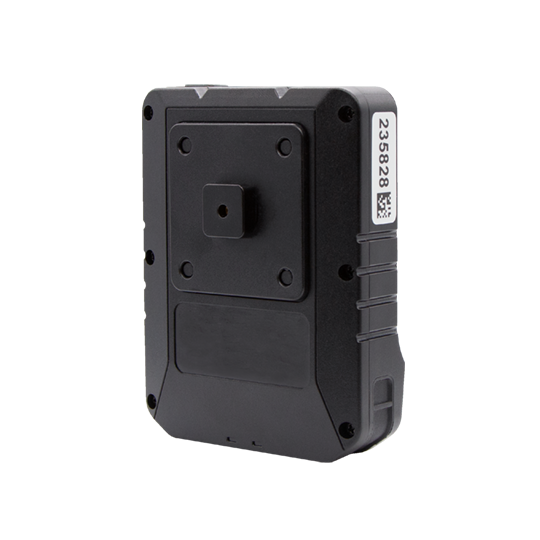 Black rectangular device with a mounting base and serial number.
