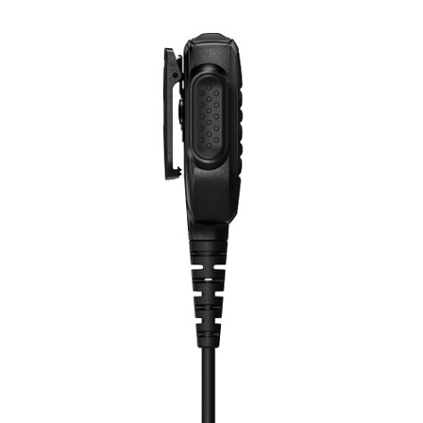 Zwarte draagbare microfoon-kabelcombinatie met clip, zijdelings getoond.