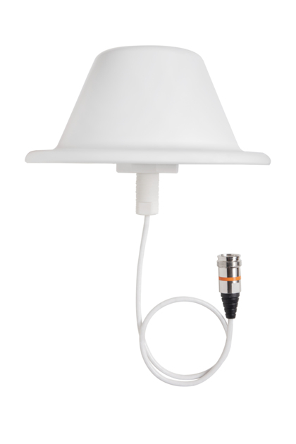 Antenne blanche en forme de cône avec câble et prise.