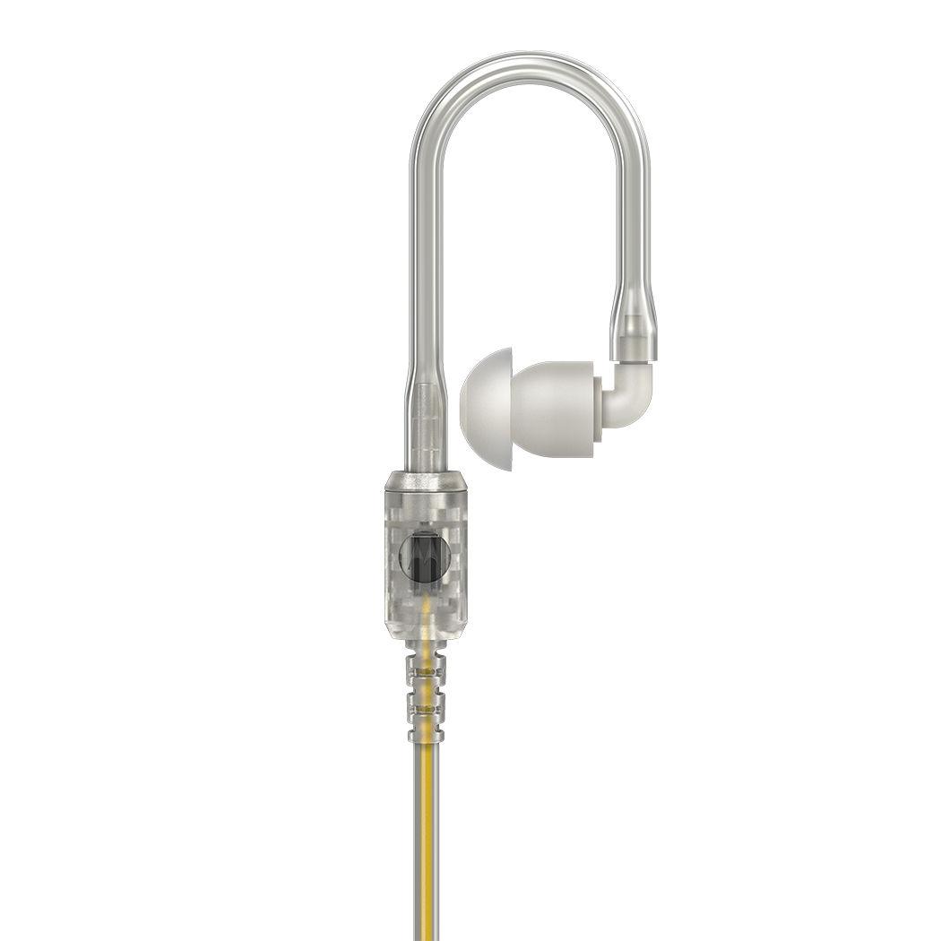 Transparante oortelefoon met witte oordop en gele kabel.