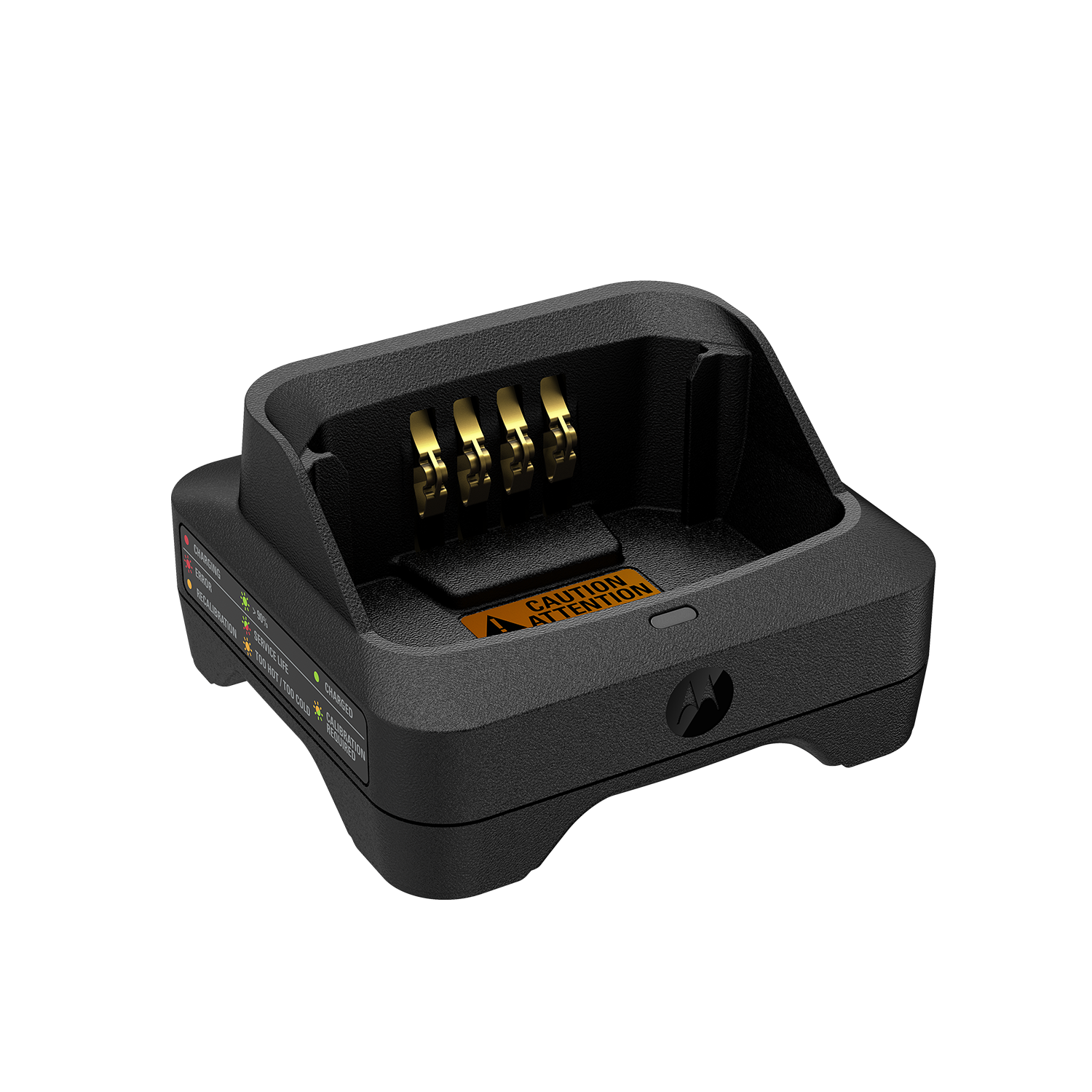 Zwarte oplader voor batterijen met vier goudkleurige pinnen.