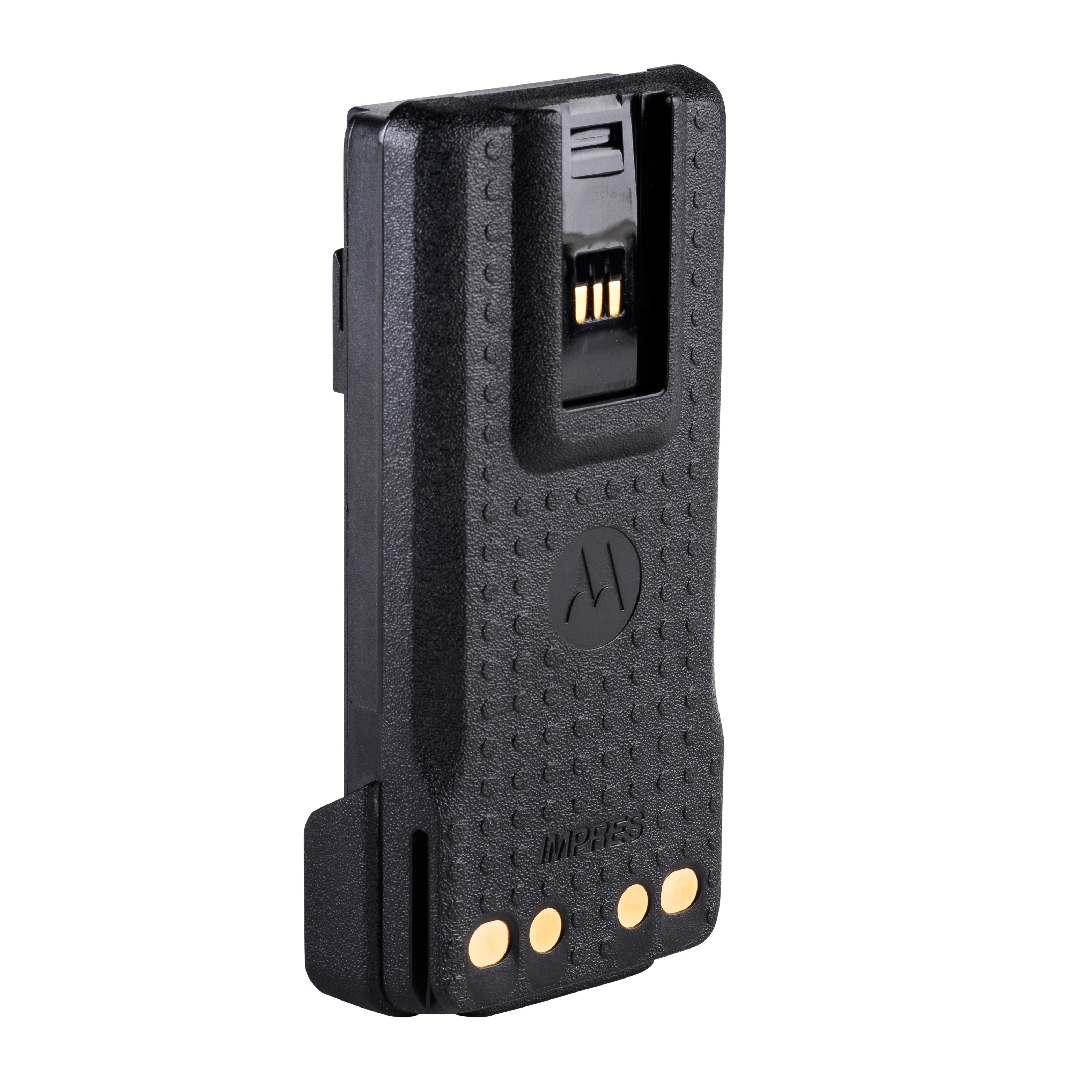 Zwarte batterij met gouden contacten en onderscheidend patroon.