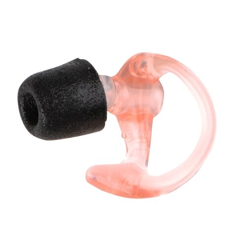 Un bouchon d'oreille avec mousse noire et crochet rose.