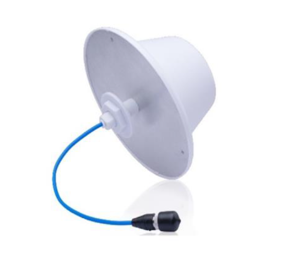 Ronde, witte plafondantenne met blauwe kabel en zwarte connector
