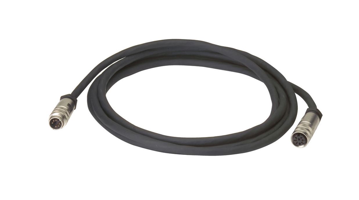 Câble noir avec deux connecteurs ronds à plusieurs broches.