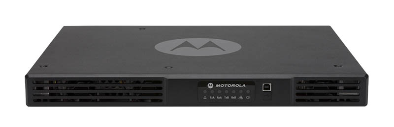 Motorola radio device with ventilation slots and LED indicators on the front.