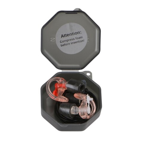 Bouchons d'oreilles dans une boîte grise avec note de comprimer la mousse.