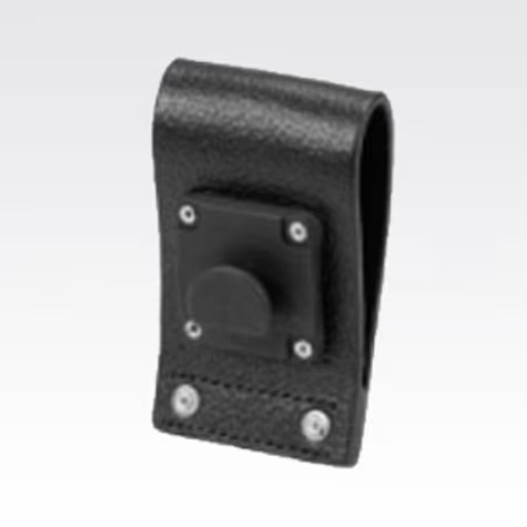 Black leather belt pouch with snap closure.