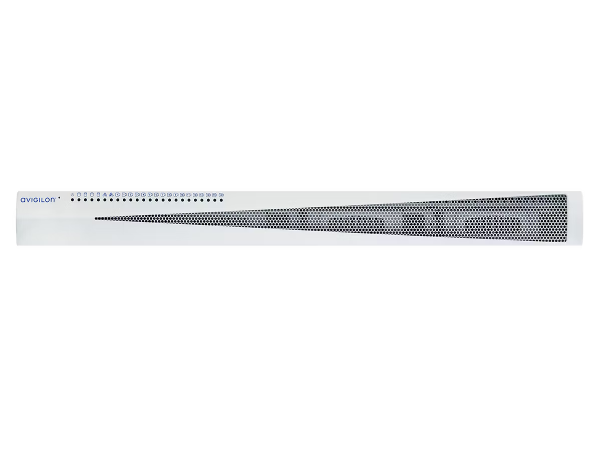 Witte 1U rackmount server met perforaties, Avigilon-logo links.