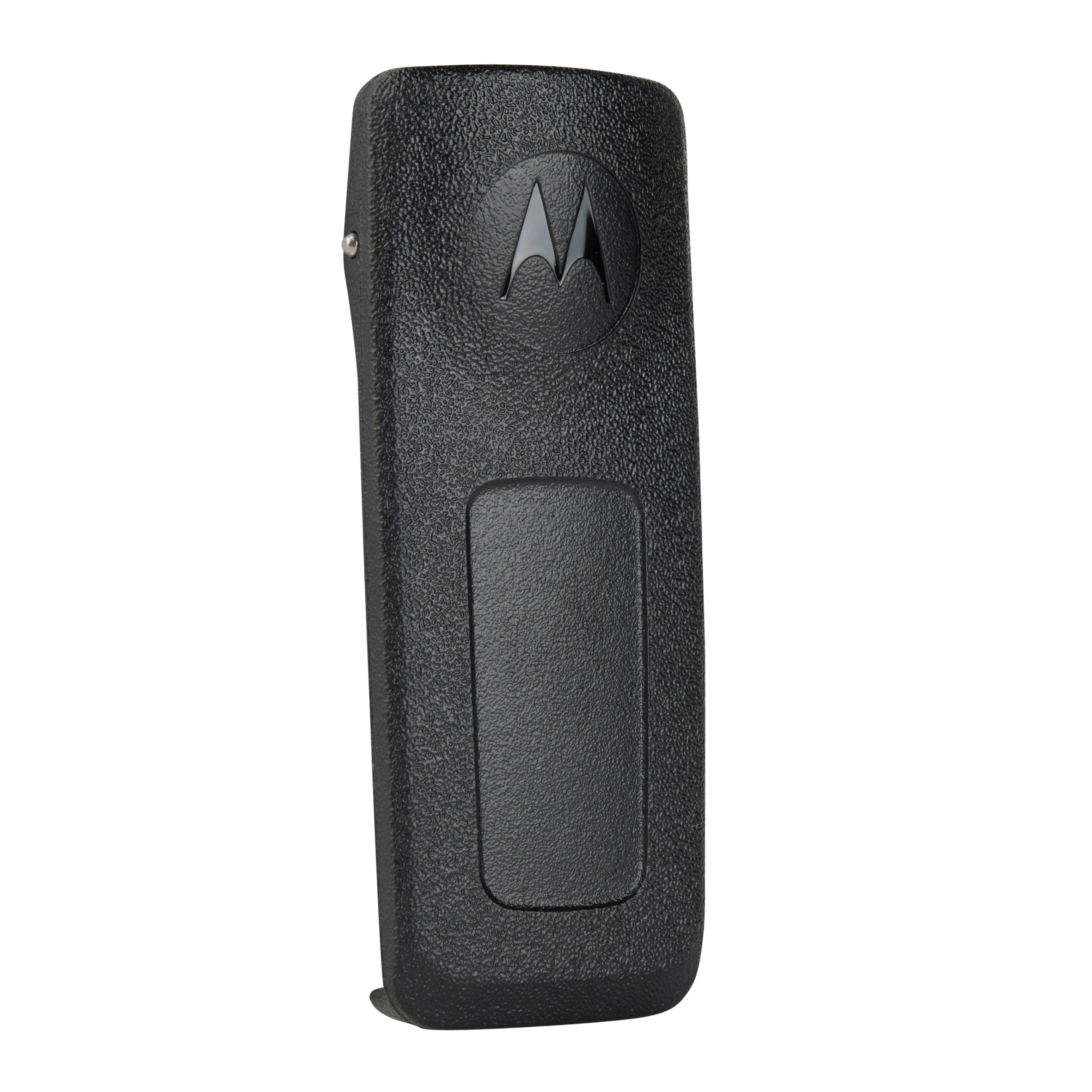 Black belt clip with engraved logo, vertical view.