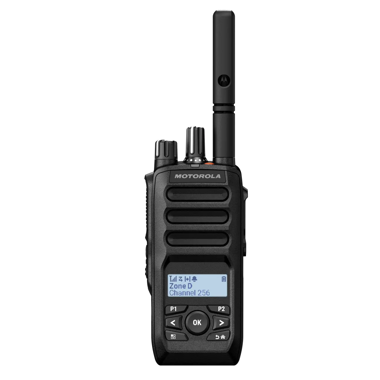 Compact radio device with display, top buttons, and antenna.