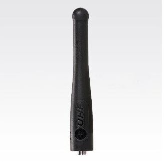 Black UHF antenna against a gray background.