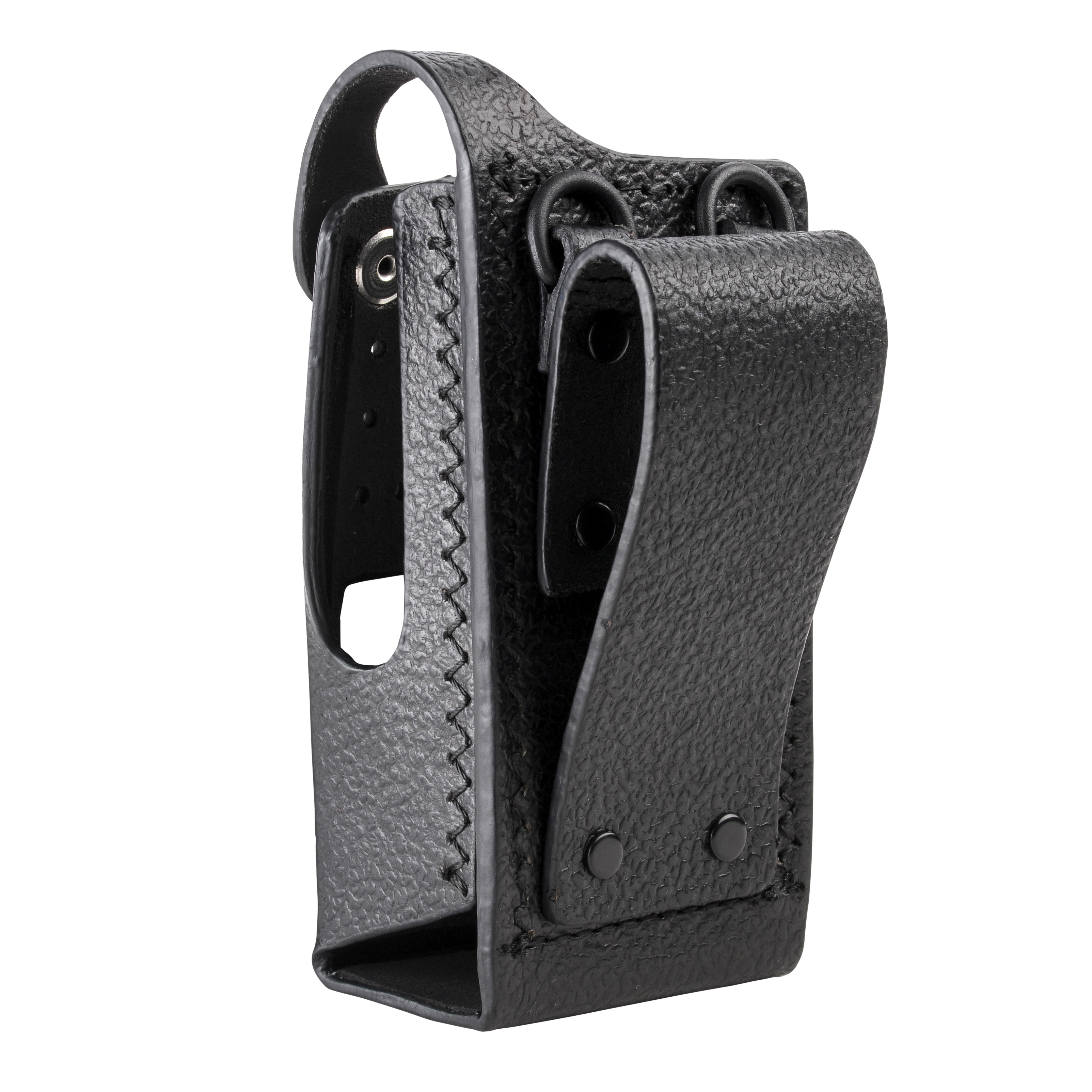 Étui en cuir texturé noir avec boucles et boutons-pression.