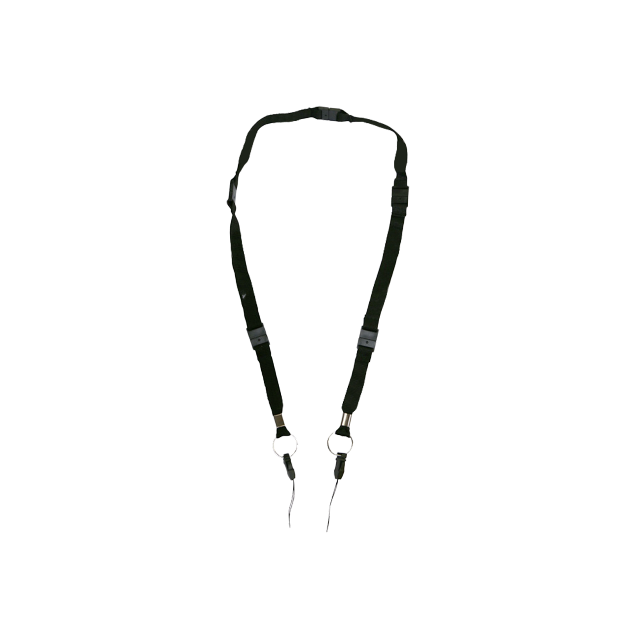 Black backpack strap with adjustable buckles and hooks.