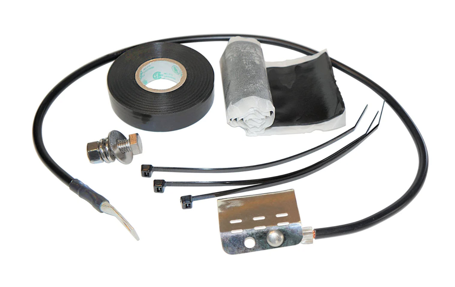 Installatieset met kabelbinders, isolatietape, aansluitkabel en metalen clip.